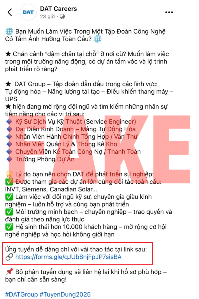 Cảnh báo giả mạo tuyển dụng DAT Group