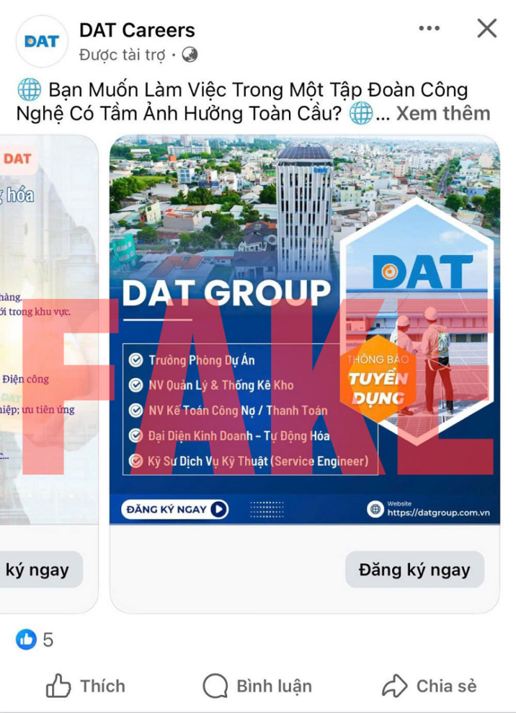 Bài đăng tuyển dụng giả mạo DAT Group