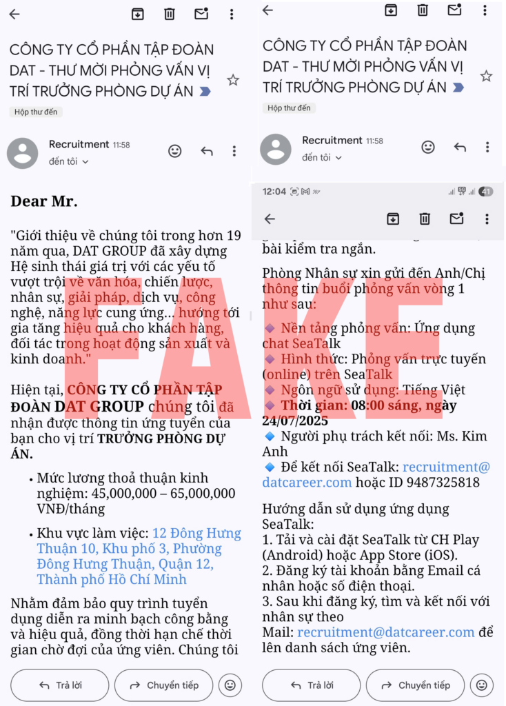 Cảnh báo giả mạo tuyển dụng DAT Group